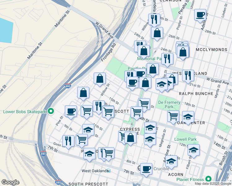 map of restaurants, bars, coffee shops, grocery stores, and more near 16th St & Campbell St in Oakland
