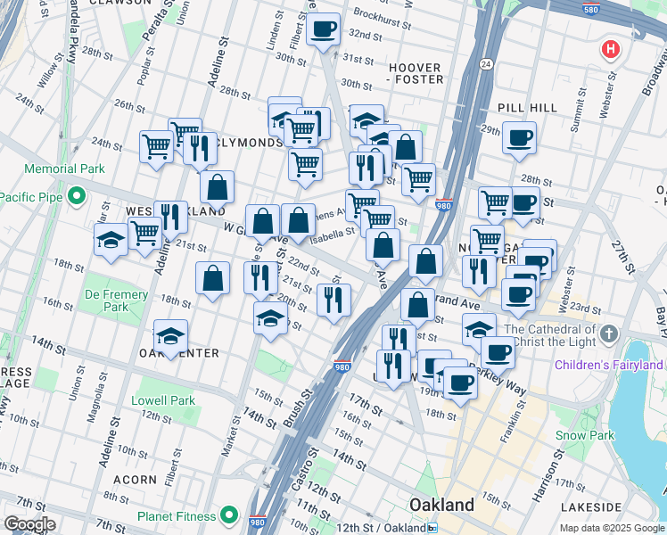 map of restaurants, bars, coffee shops, grocery stores, and more near 811 West Grand Avenue in Oakland