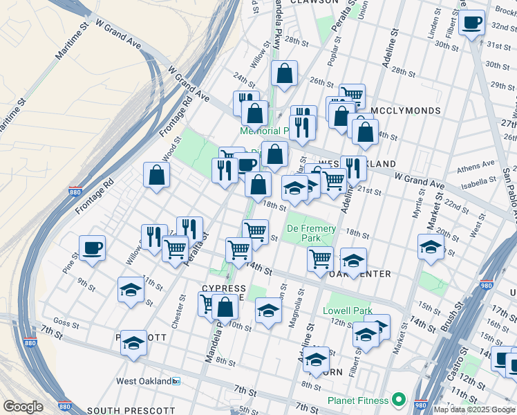 map of restaurants, bars, coffee shops, grocery stores, and more near 1724 Mandela Parkway in Oakland