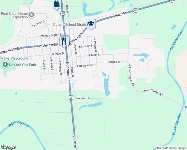 map of restaurants, bars, coffee shops, grocery stores, and more near 298 S Pecan St in De Soto