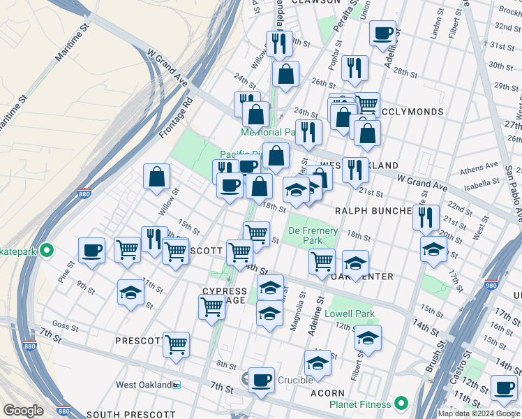 map of restaurants, bars, coffee shops, grocery stores, and more near in Oakland