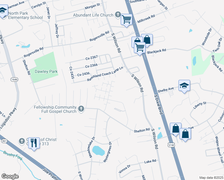 map of restaurants, bars, coffee shops, grocery stores, and more near 112 Hurstfield Lane in Radcliff