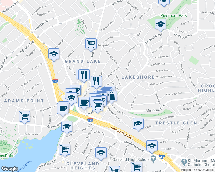 map of restaurants, bars, coffee shops, grocery stores, and more near 531 Prince Street in Oakland