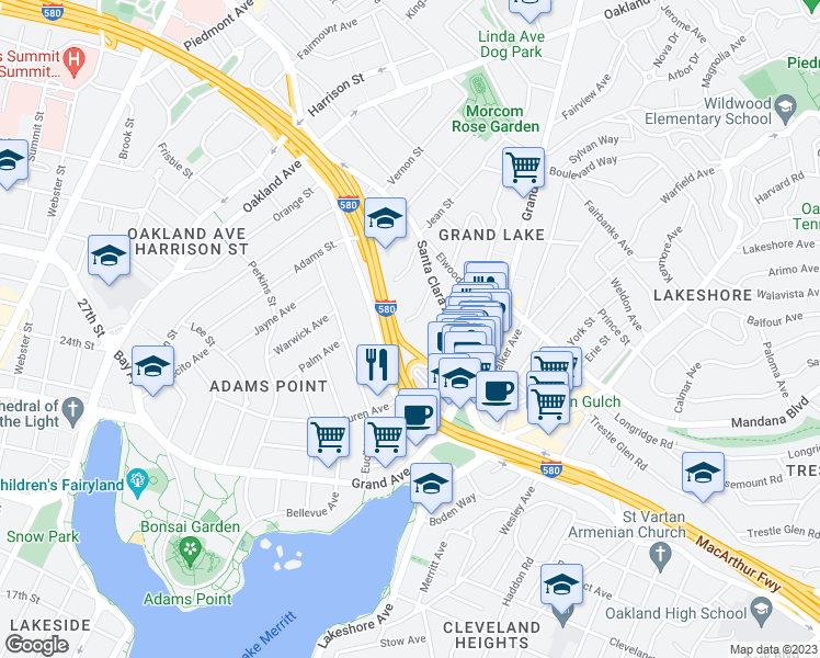 map of restaurants, bars, coffee shops, grocery stores, and more near 466 Crescent Street in Oakland
