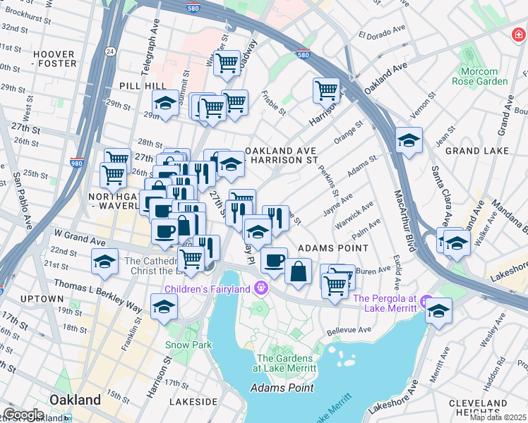 map of restaurants, bars, coffee shops, grocery stores, and more near 97 Vernon Street in Oakland