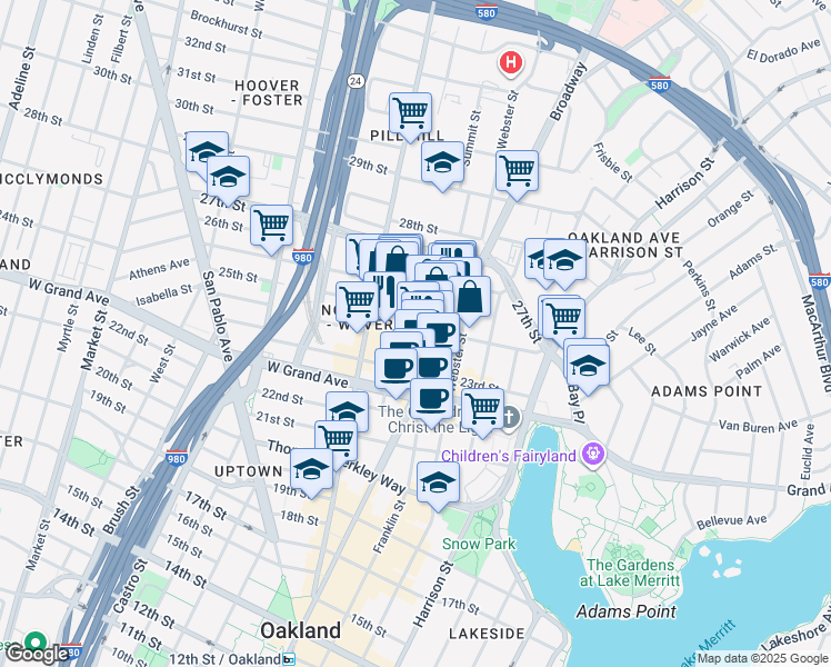 map of restaurants, bars, coffee shops, grocery stores, and more near 105 24th Street in Oakland