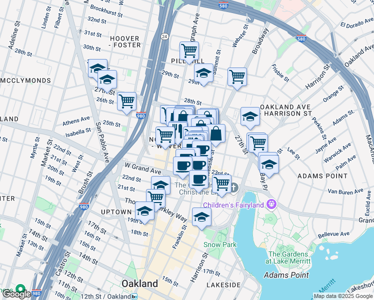 map of restaurants, bars, coffee shops, grocery stores, and more near 105 24th Street in Oakland