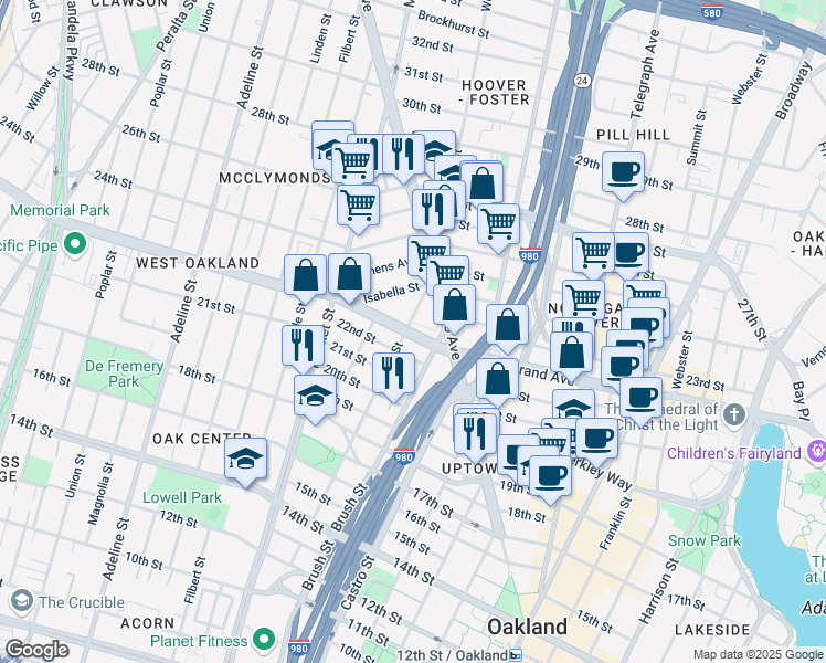 map of restaurants, bars, coffee shops, grocery stores, and more near 780 West Grand Avenue in Oakland