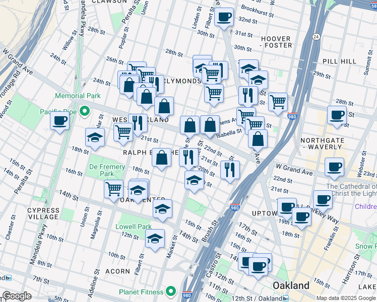 map of restaurants, bars, coffee shops, grocery stores, and more near in Oakland