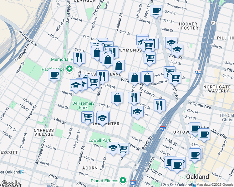 map of restaurants, bars, coffee shops, grocery stores, and more near 2023 Filbert Street in Oakland