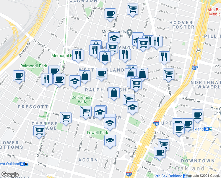 map of restaurants, bars, coffee shops, grocery stores, and more near 2008 Chestnut Street in Oakland