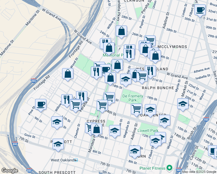 map of restaurants, bars, coffee shops, grocery stores, and more near 1717 Mandela Parkway in Oakland