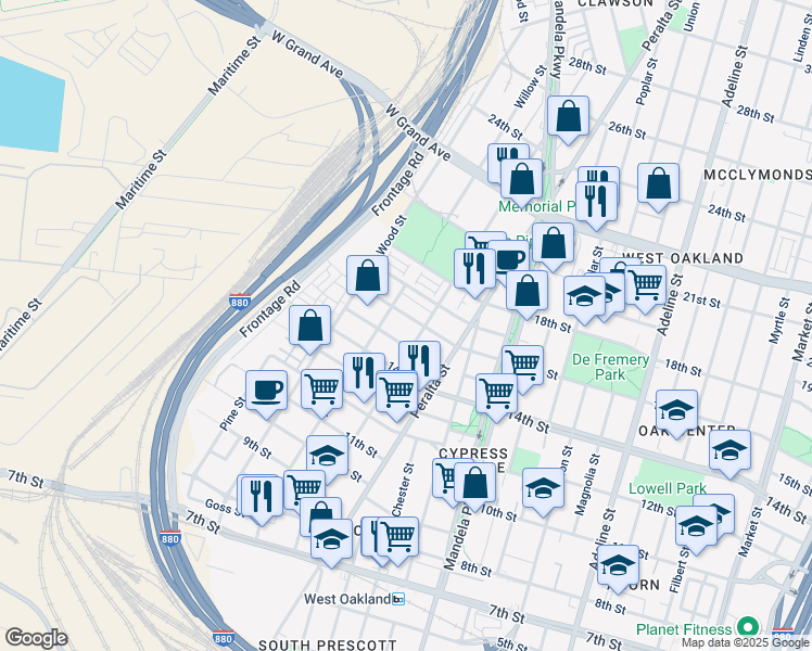 map of restaurants, bars, coffee shops, grocery stores, and more near 1673 16th Street in Oakland