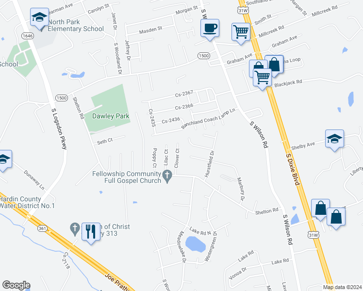 map of restaurants, bars, coffee shops, grocery stores, and more near 124 Clover Court in Radcliff