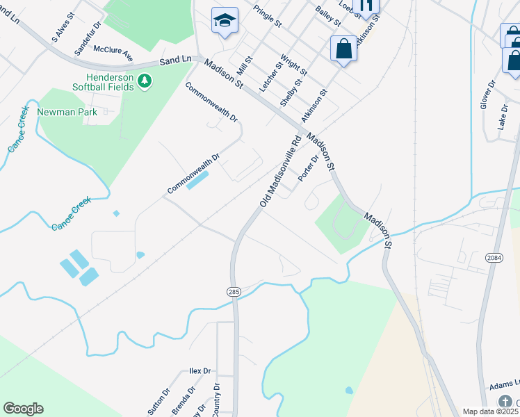 map of restaurants, bars, coffee shops, grocery stores, and more near 1598 Old Madisonville Road in Henderson