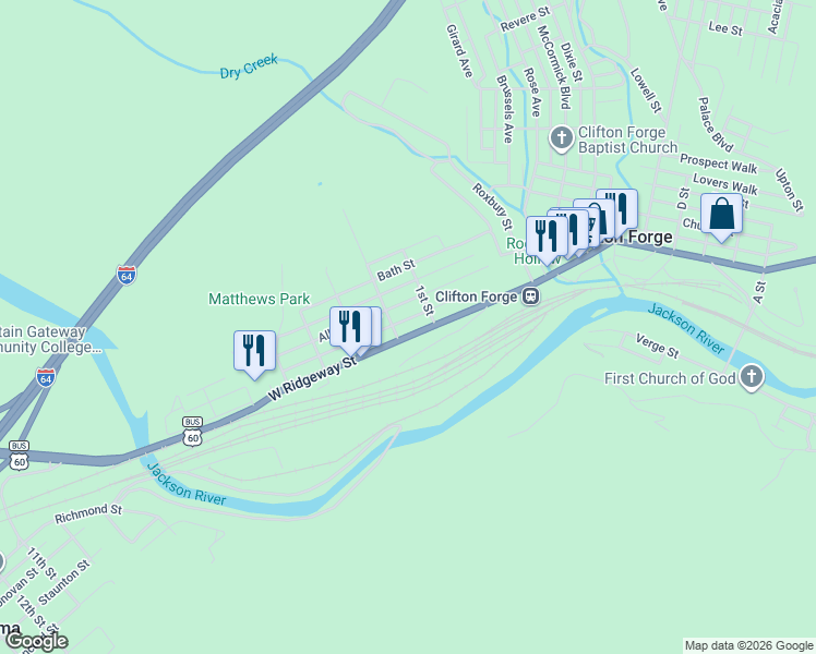 map of restaurants, bars, coffee shops, grocery stores, and more near 120 West Ridgeway Street in Clifton Forge
