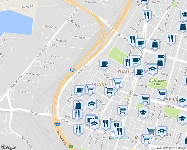 map of restaurants, bars, coffee shops, grocery stores, and more near 14th Street & Zephyr Drive in Oakland