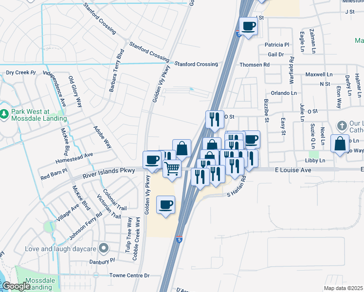 map of restaurants, bars, coffee shops, grocery stores, and more near in Lathrop