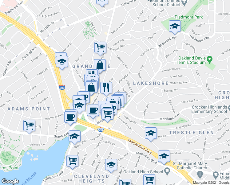 map of restaurants, bars, coffee shops, grocery stores, and more near 837 York Street in Oakland