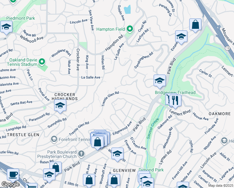 map of restaurants, bars, coffee shops, grocery stores, and more near 1749 Trestle Glen Road in Piedmont