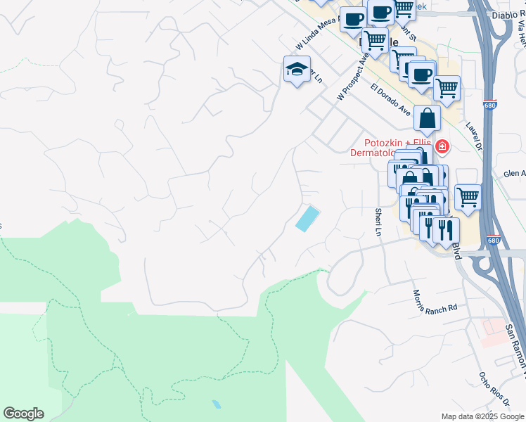 map of restaurants, bars, coffee shops, grocery stores, and more near 7 Sky Terrace in Danville