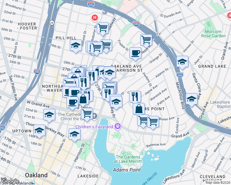 map of restaurants, bars, coffee shops, grocery stores, and more near 170 Vernon Terrace in Oakland