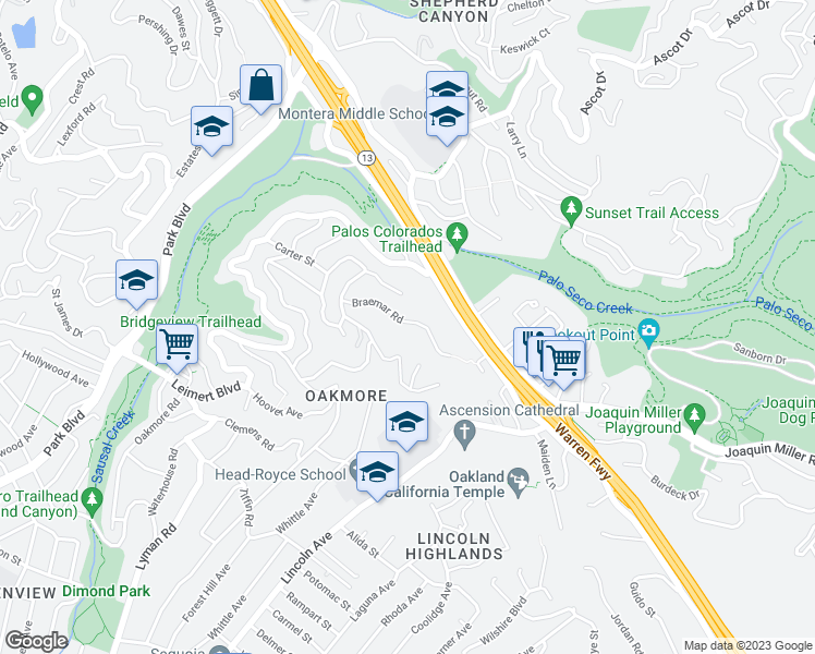 map of restaurants, bars, coffee shops, grocery stores, and more near 2129 Braemar Road in Oakland