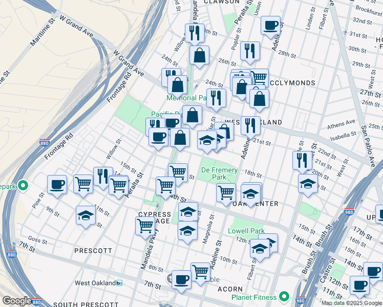 map of restaurants, bars, coffee shops, grocery stores, and more near 1310 18th Street in Oakland