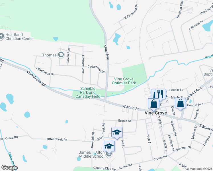 map of restaurants, bars, coffee shops, grocery stores, and more near 319 Knox Avenue in Vine Grove