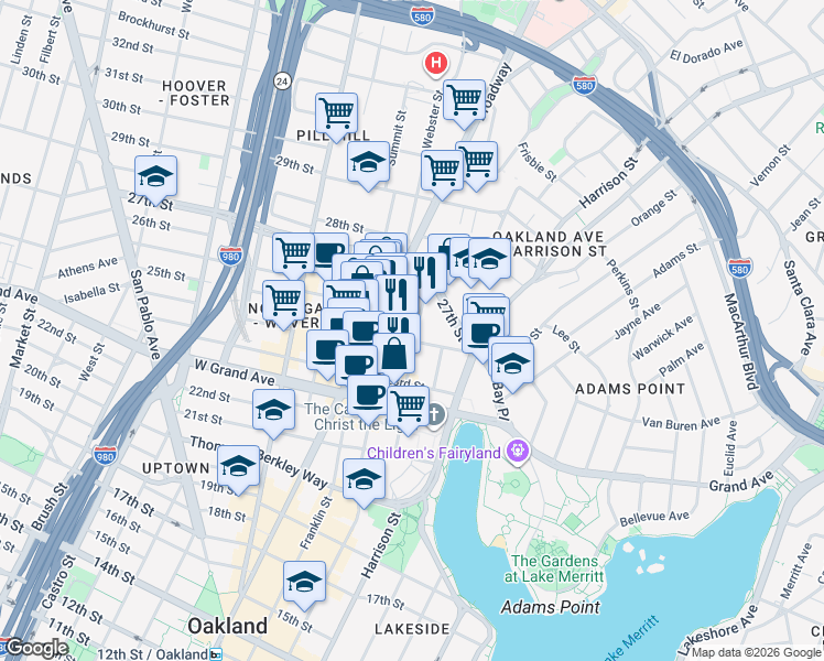 map of restaurants, bars, coffee shops, grocery stores, and more near 2409 Valdez Street in Oakland