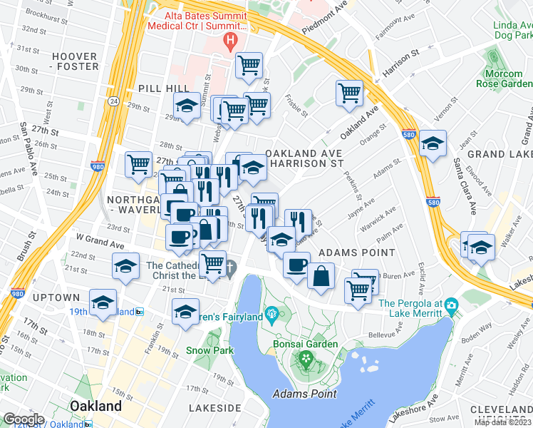 map of restaurants, bars, coffee shops, grocery stores, and more near 2600 Harrison Street in Oakland