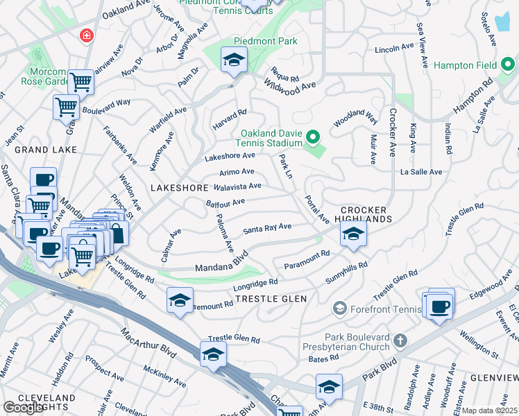 map of restaurants, bars, coffee shops, grocery stores, and more near 800 Calmar Avenue in Oakland