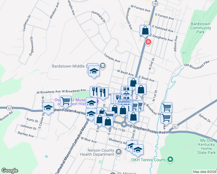 map of restaurants, bars, coffee shops, grocery stores, and more near North 5th Street in Bardstown