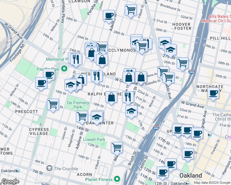 map of restaurants, bars, coffee shops, grocery stores, and more near 2021 Filbert Street in Oakland