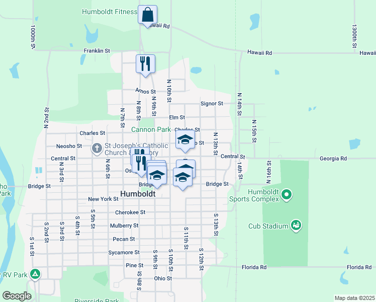 map of restaurants, bars, coffee shops, grocery stores, and more near 1100 Central Street in Humboldt