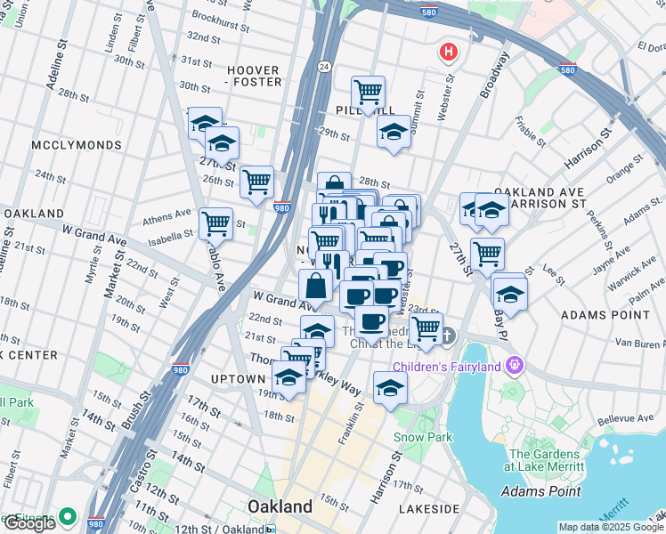 map of restaurants, bars, coffee shops, grocery stores, and more near Telegraph Ave & 24th St in Oakland