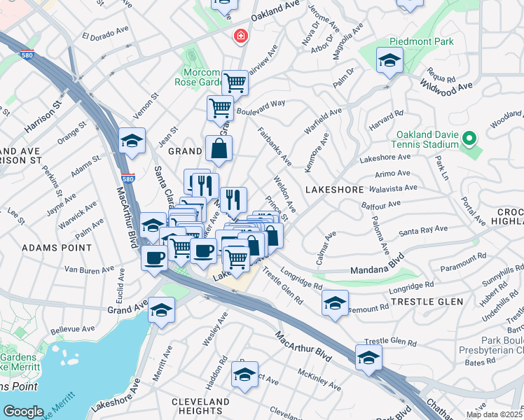 map of restaurants, bars, coffee shops, grocery stores, and more near 531 Prince Street in Oakland