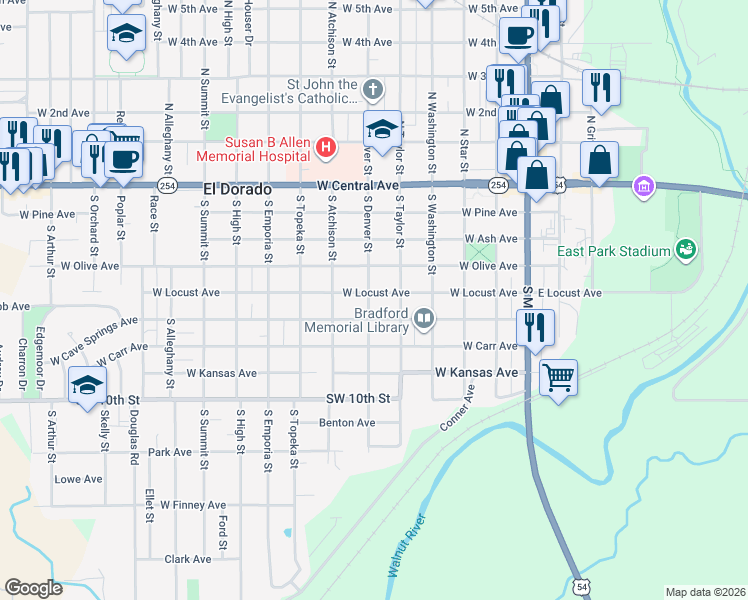 map of restaurants, bars, coffee shops, grocery stores, and more near 502 South Denver Street in El Dorado