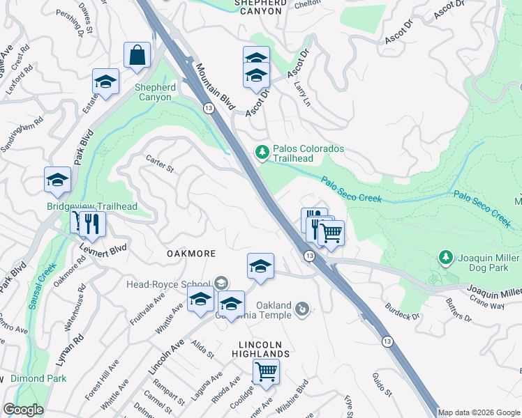 map of restaurants, bars, coffee shops, grocery stores, and more near 2697 Monterey Boulevard in Oakland