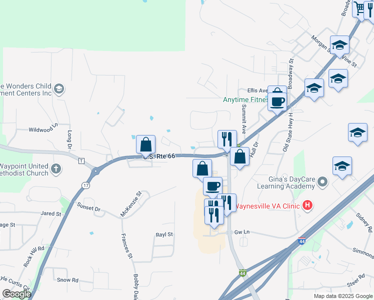 map of restaurants, bars, coffee shops, grocery stores, and more near 1508 Historic 66 West in Waynesville