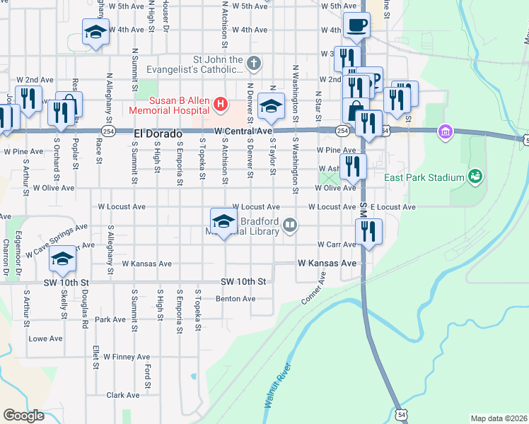 map of restaurants, bars, coffee shops, grocery stores, and more near 502 South Denver Street in El Dorado