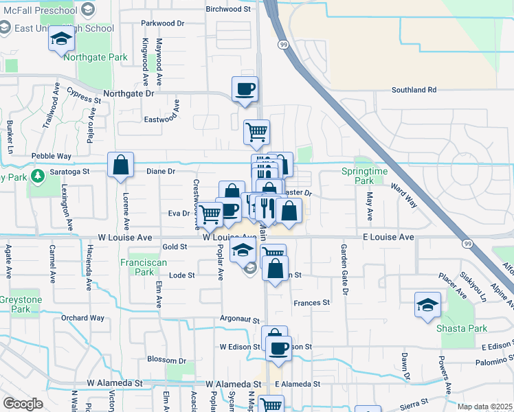 map of restaurants, bars, coffee shops, grocery stores, and more near 1173 North Main Street in Manteca