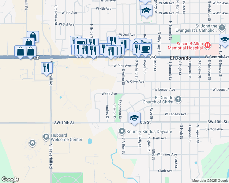 map of restaurants, bars, coffee shops, grocery stores, and more near 1708 Webb Avenue in El Dorado