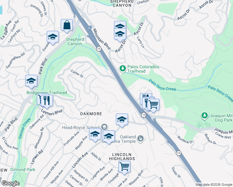 map of restaurants, bars, coffee shops, grocery stores, and more near 2697 Monterey Boulevard in Oakland