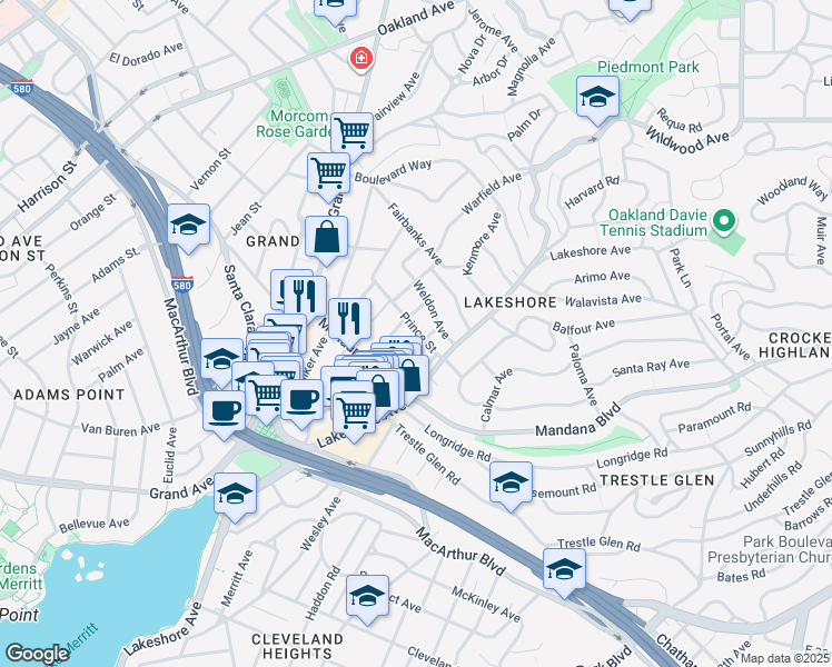 map of restaurants, bars, coffee shops, grocery stores, and more near 531 Prince Street in Oakland