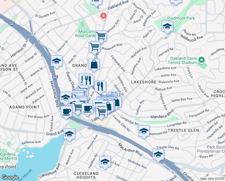 map of restaurants, bars, coffee shops, grocery stores, and more near 531 Prince Street in Oakland