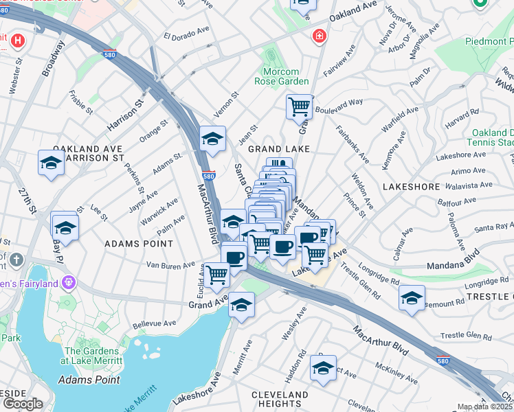 map of restaurants, bars, coffee shops, grocery stores, and more near 365 Santa Clara Avenue in Oakland