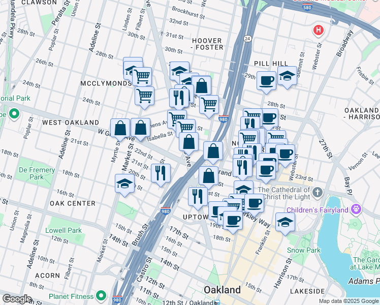 map of restaurants, bars, coffee shops, grocery stores, and more near 2288 San Pablo Avenue in Oakland