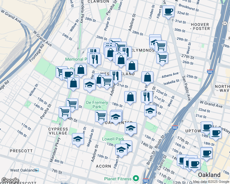 map of restaurants, bars, coffee shops, grocery stores, and more near 1912 Adeline Street in Oakland