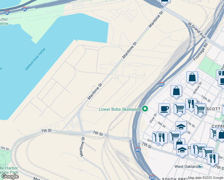 map of restaurants, bars, coffee shops, grocery stores, and more near in Oakland